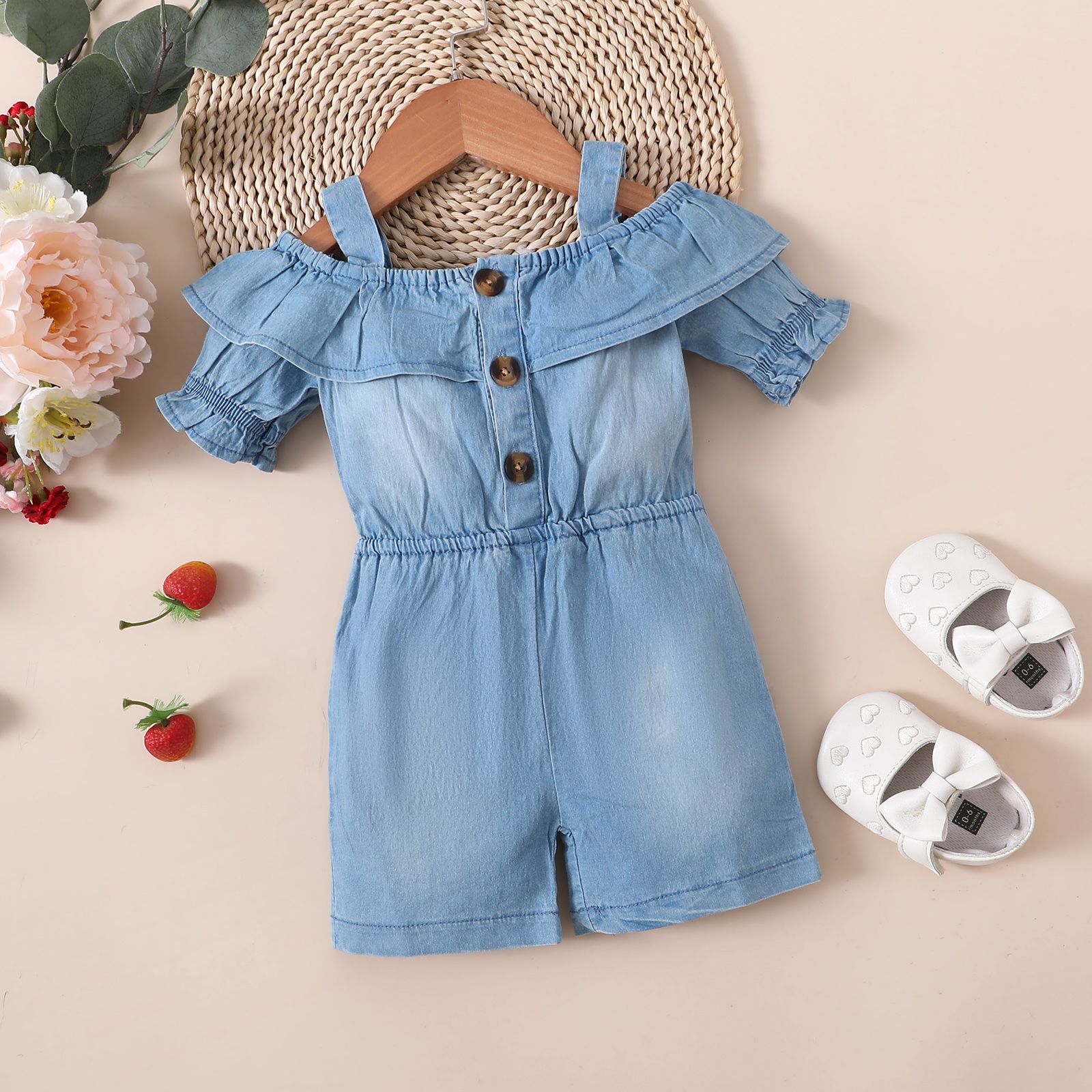 

100% Cotton Baby Girl Off Shoulder Short-sleeve Ruffle Denim Romper