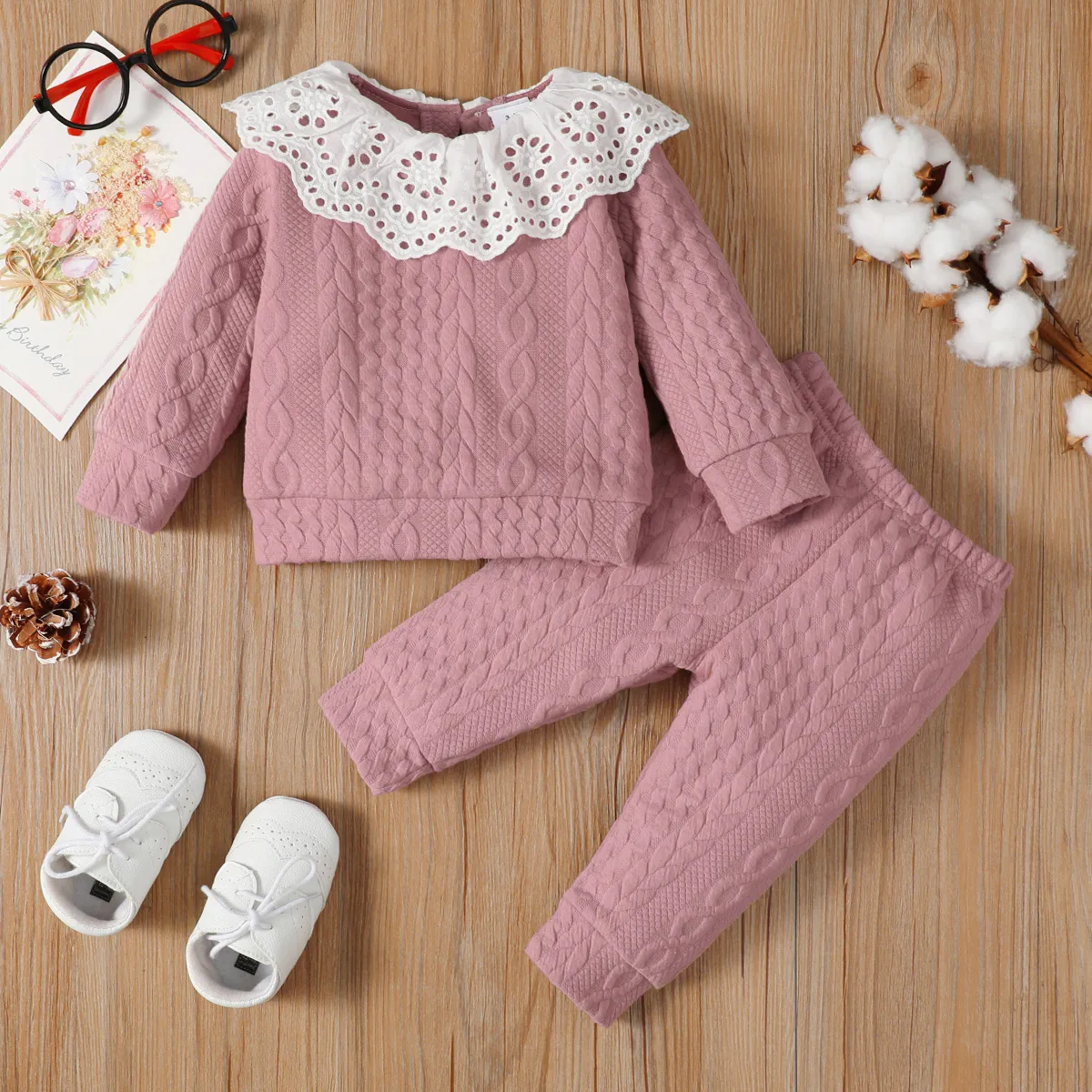 

2pcs Baby Girl Ruffle Collar Long-sleeve Solid Imitation Knitting Set