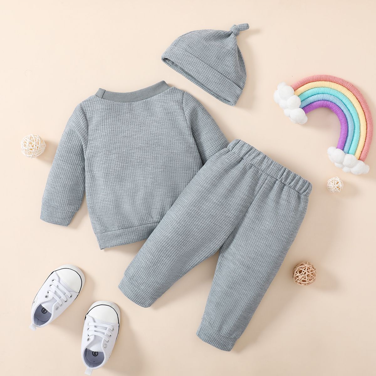 

3pcs Baby Boy/Girl Rainbow Design Waffle Long-sleeve Sweatshirt and Pants with Hat Set