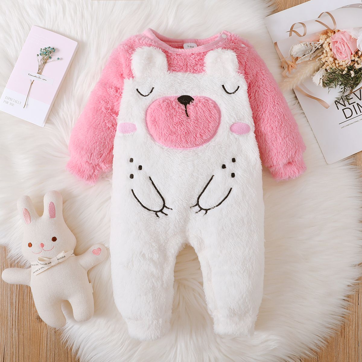 

Baby Girl Animal Embroidered 3D Ears Detail Long-sleeve Thermal Fuzzy Jumpsuit