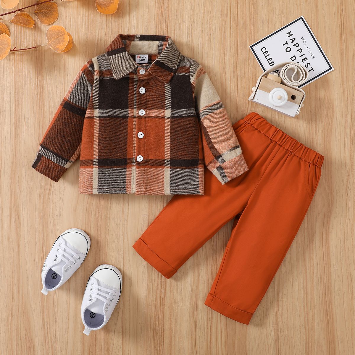 

2pcs Baby Boy Long-sleeve Plaid Jacket and Solid Pants Set