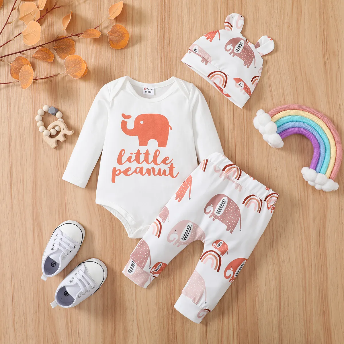 

3pcs Baby Boy/Girl 95% Cotton Long-sleeve Graphic Romper and Allover Elephant Print Pants & Hat Set