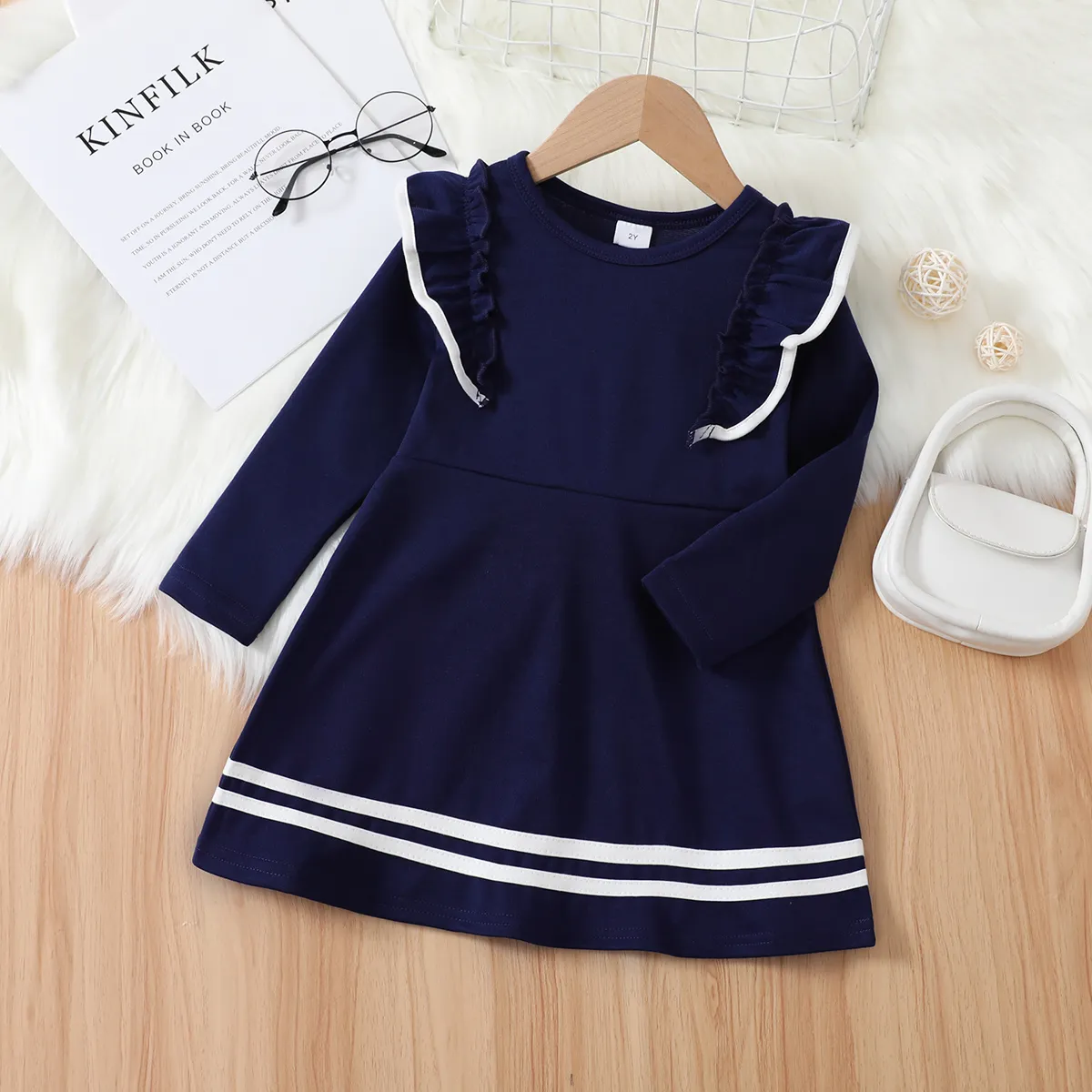 

Toddler Girl Preppy style Ruffled Long-sleeve Dress