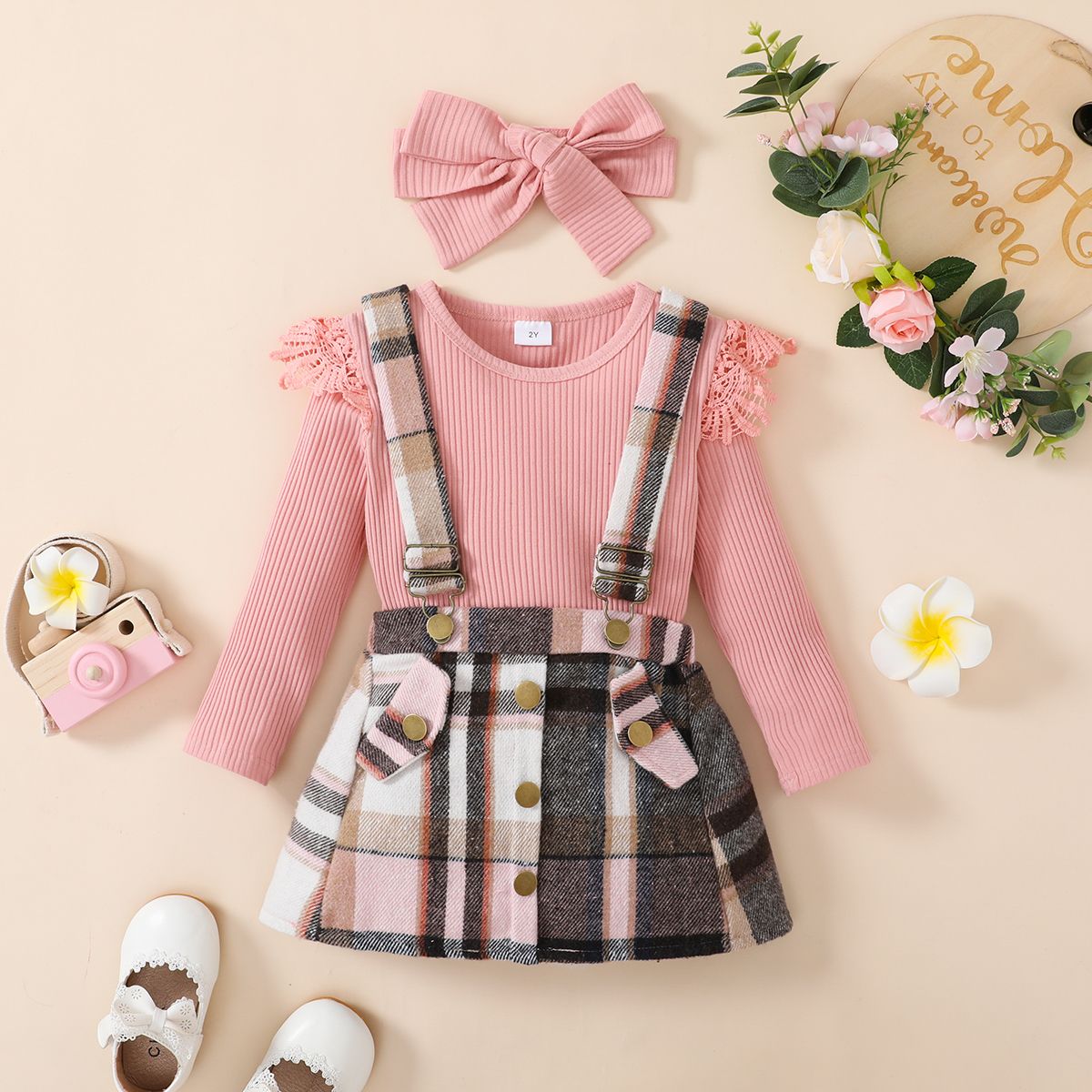 

3pcs Toddler Girl Sweet Ruffled Ribbed Tee & Adjustable Plaid Suspender Skirt and Headband Set