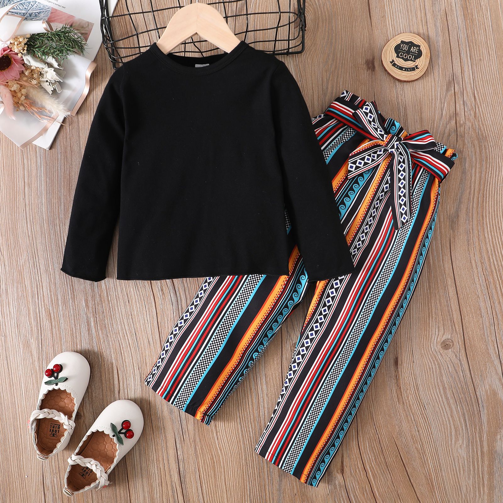 

3pcs Toddler Girl Boho Black Tee and Exotic Striped Pants & Belt Set