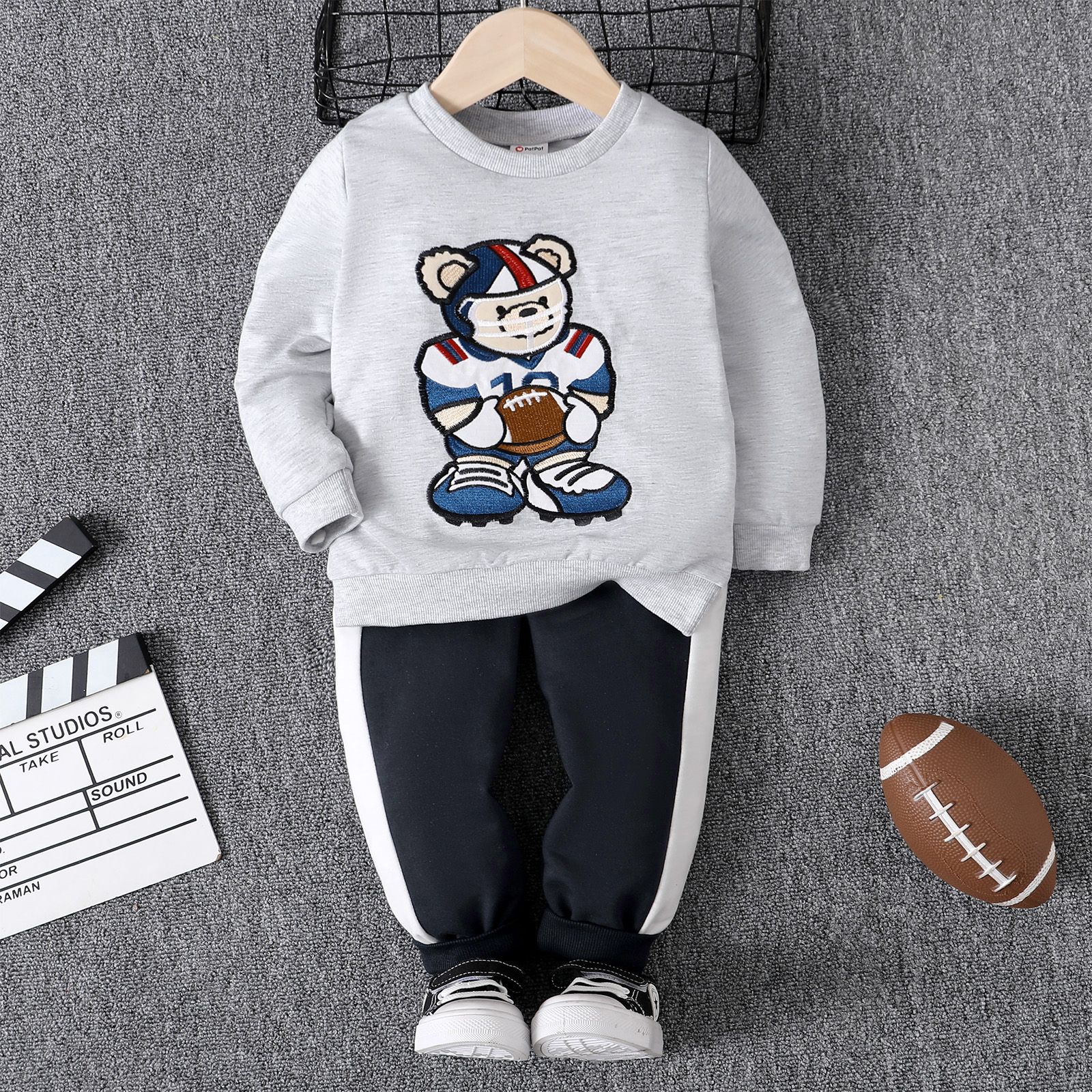 Rugby Match 2pcs Toddler Boy Playful Figure Embroidered Sweatshirt and Pants Set