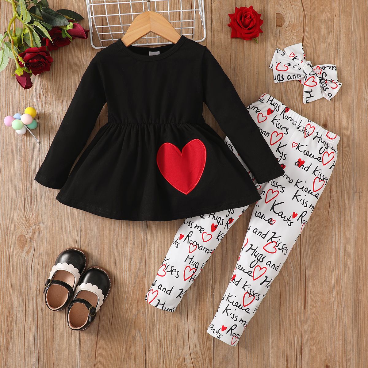 

3pcs Toddler Girl Valentine's Day Heart Embroidered Tee and Allover Print Leggings & Headband Set