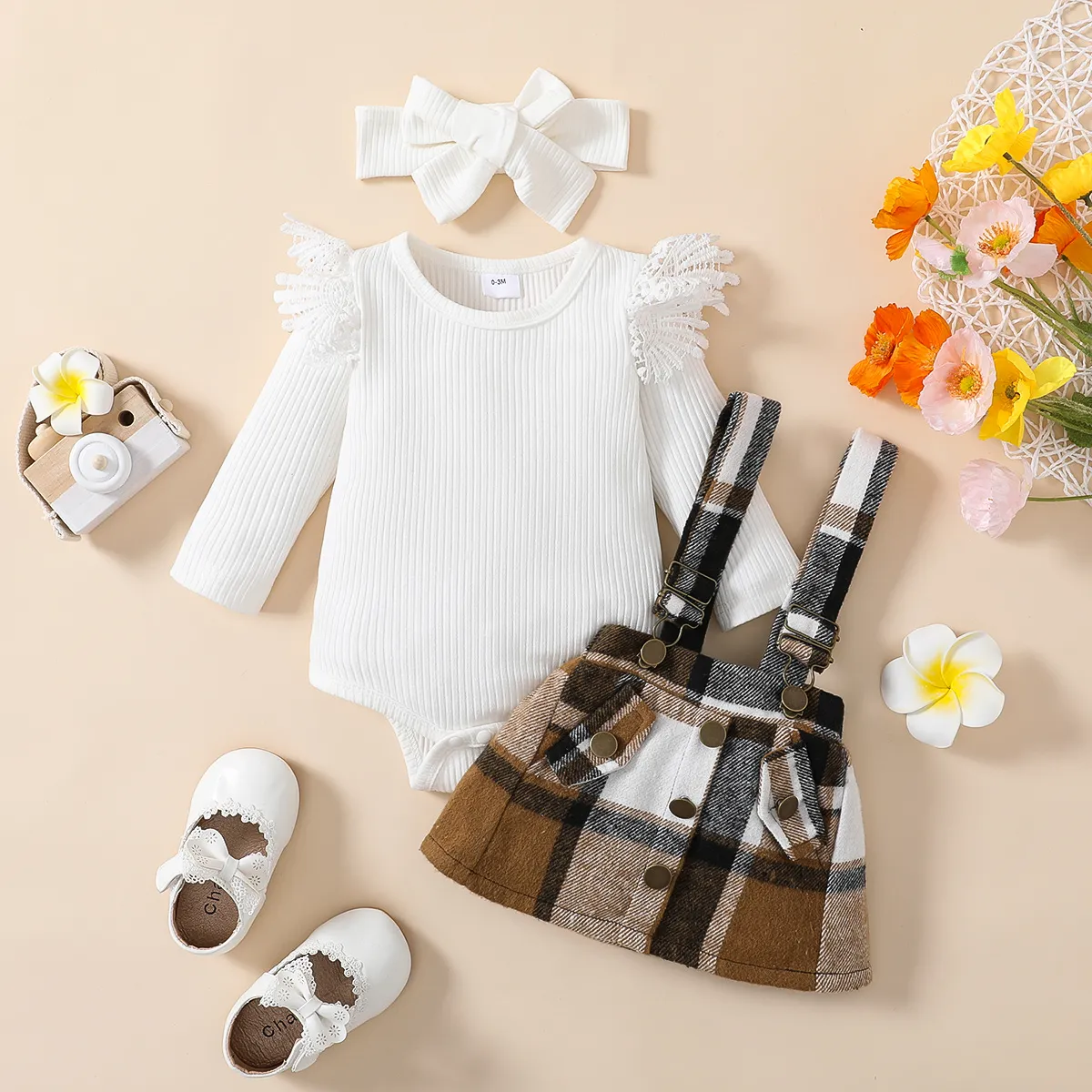 3pcs Baby Girl 95% Cotton Rib Knit Spliced Lace Long-sleeve Romper and Plaid Suspender Skirt with Headband Set White big image 1