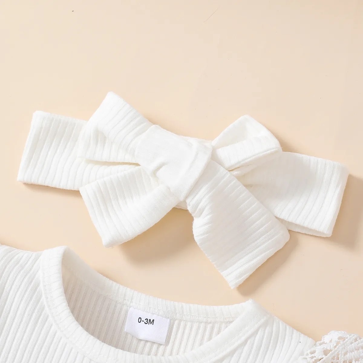 3pcs Baby Girl 95% Cotton Rib Knit Spliced Lace Long-sleeve Romper and Plaid Suspender Skirt with Headband Set White big image 1