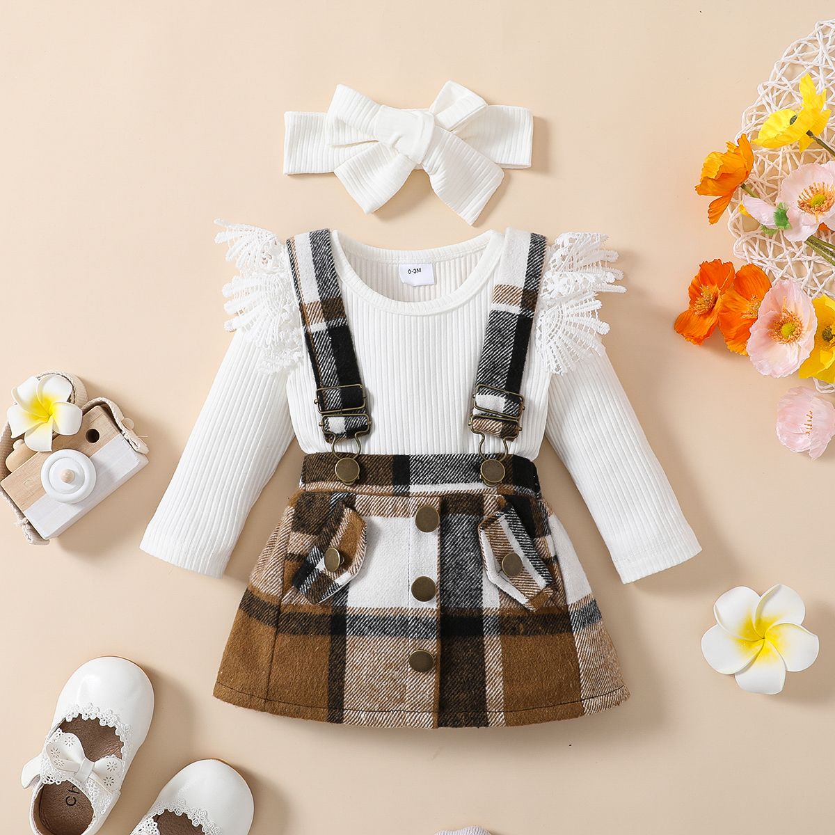 3pcs Baby Girl 95% Cotton Rib Knit Spliced Lace Long-sleeve Romper And Plaid Suspender Skirt With Headband Set
