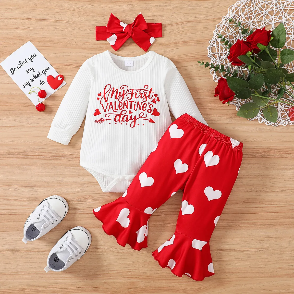 Valentine's Day 3pcs Baby Girl 95% Cotton Letter Graphic Long-sleeve Ribbed Romper and Allover Heart Print Flared Pants with Headband Set Red big image 1