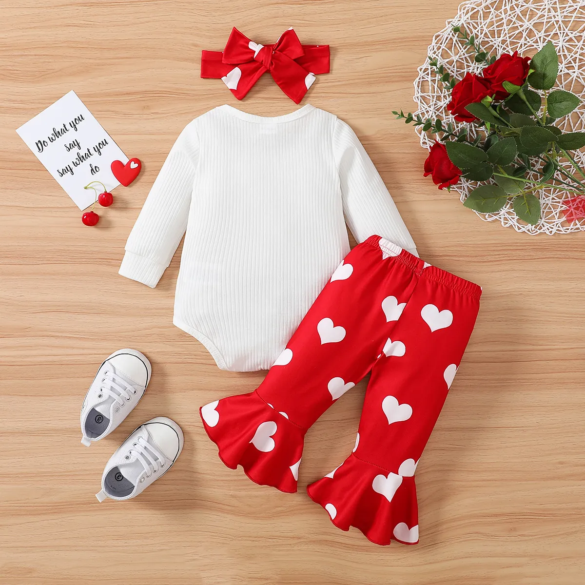 Valentine's Day 3pcs Baby Girl 95% Cotton Letter Graphic Long-sleeve Ribbed Romper and Allover Heart Print Flared Pants with Headband Set Red big image 1