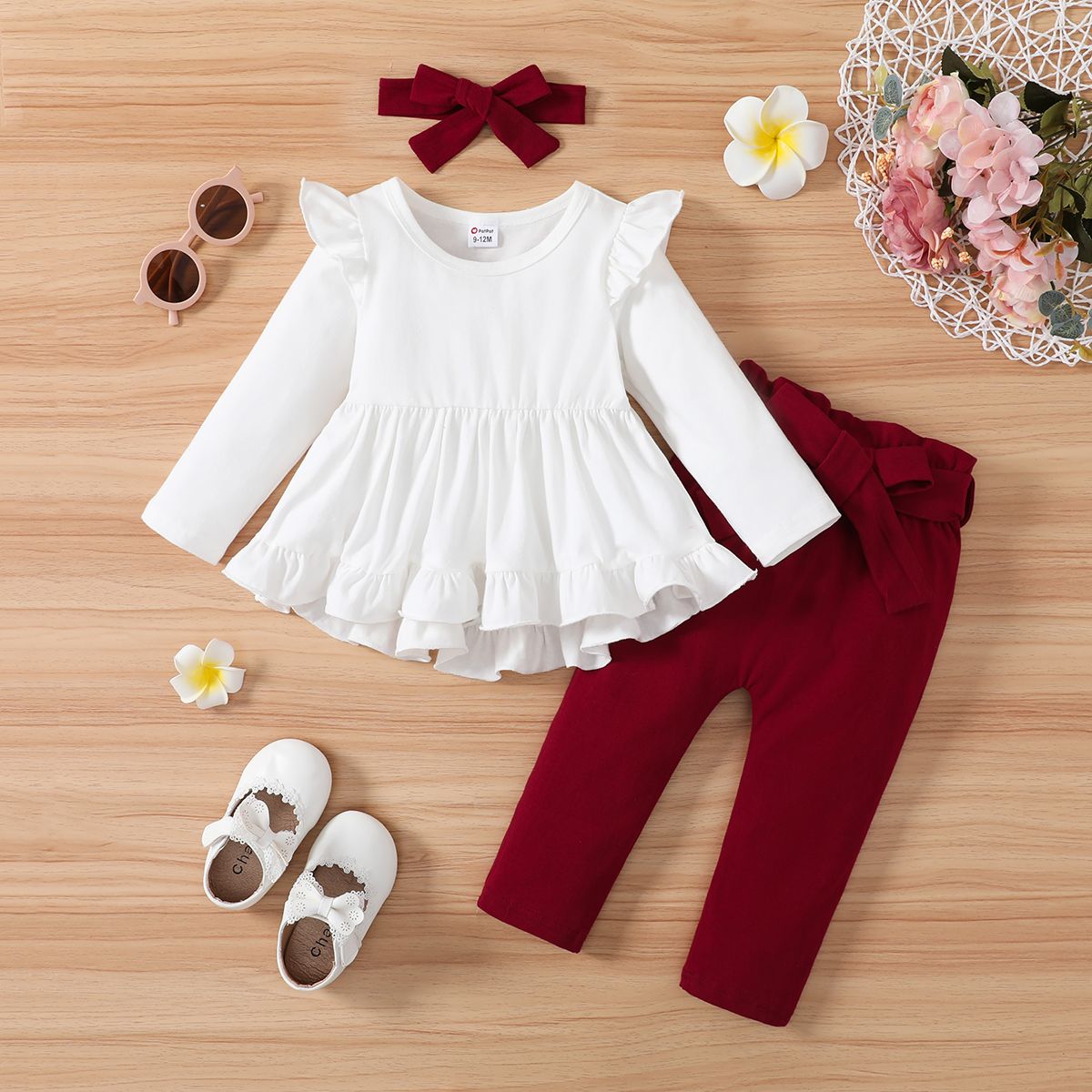 

4pcs Baby Girl 95% Cotton Solid Ruffle Trim Long-sleeve Top and Pants with Belt & Headband Set