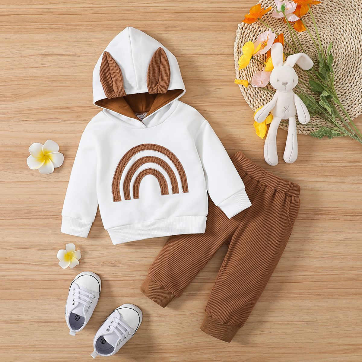 

2pcs Baby Boy/Girl Long-sleeve Rainbow Graphic 3D Ears Hoodie and Solid Waffle Sweatpants Set