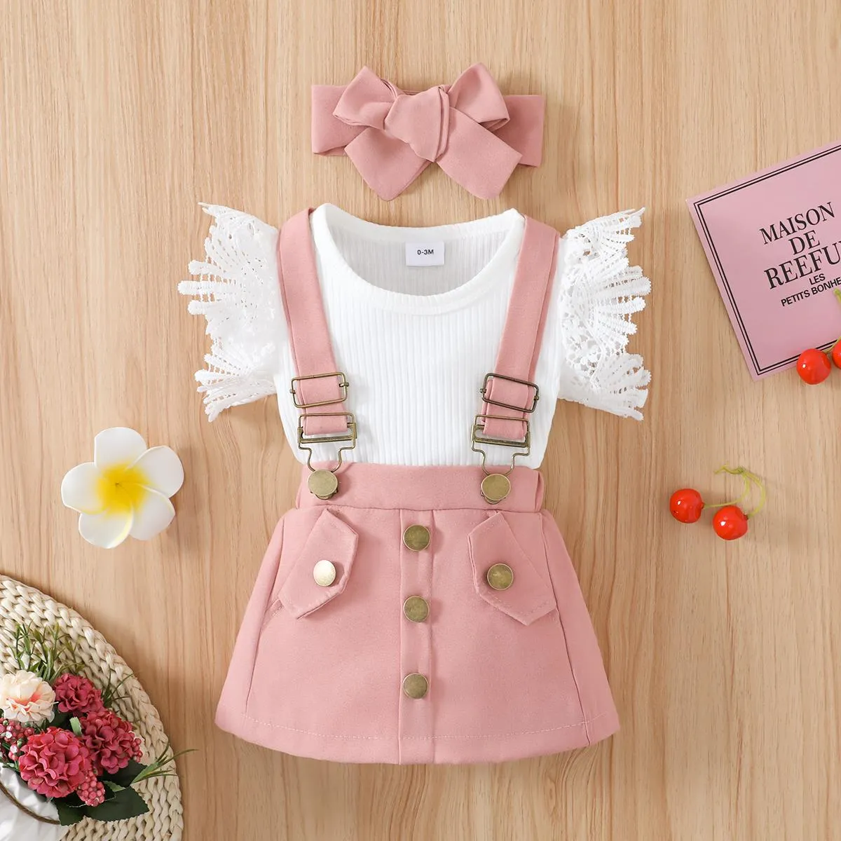 3pcs Baby Girl Lace Flutter-sleeve Ribbed Romper and Suspender Skirt with Headband Set Pink
