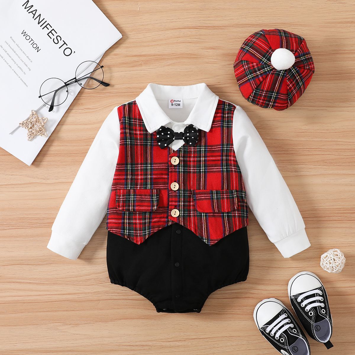 

2pcs Baby Boy 95% Cotton Long-sleeve Plaid Spliced Gentleman Romper & Hat Set