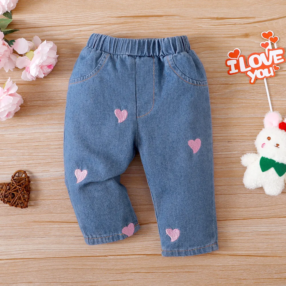 Baby Girl 100% Cotton Heart Embroidered Denim Pants Jeans  big image 7