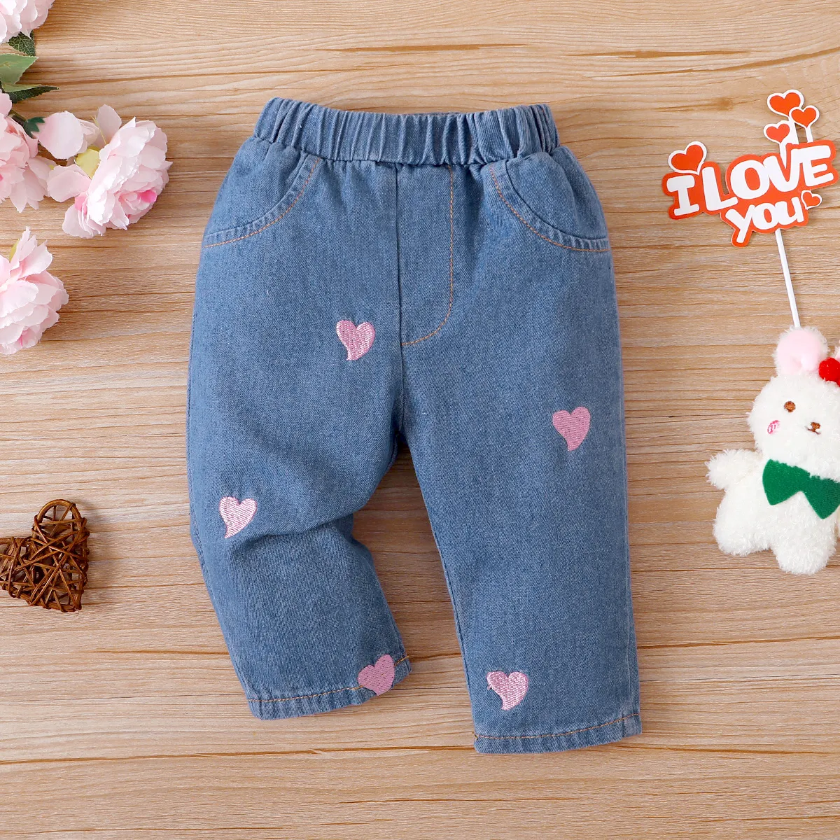 Baby Girl 100% Cotton Heart Embroidered Denim Pants Jeans Blue big image 1