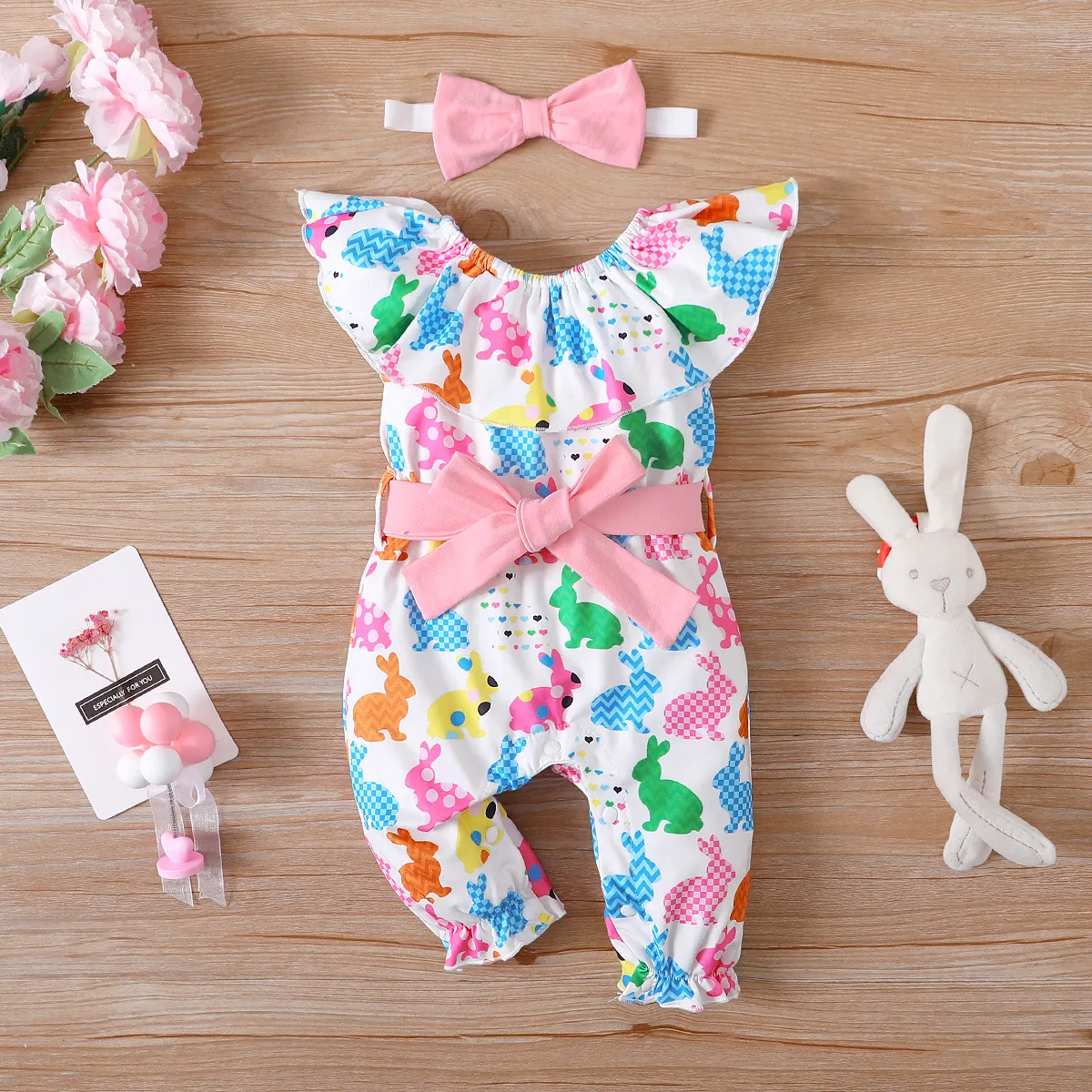 3pcs Baby Girl Allover Multicolor Rabbit Ruffle Collar Jumpsuit with Belt & Headband Set Colorful big image 1