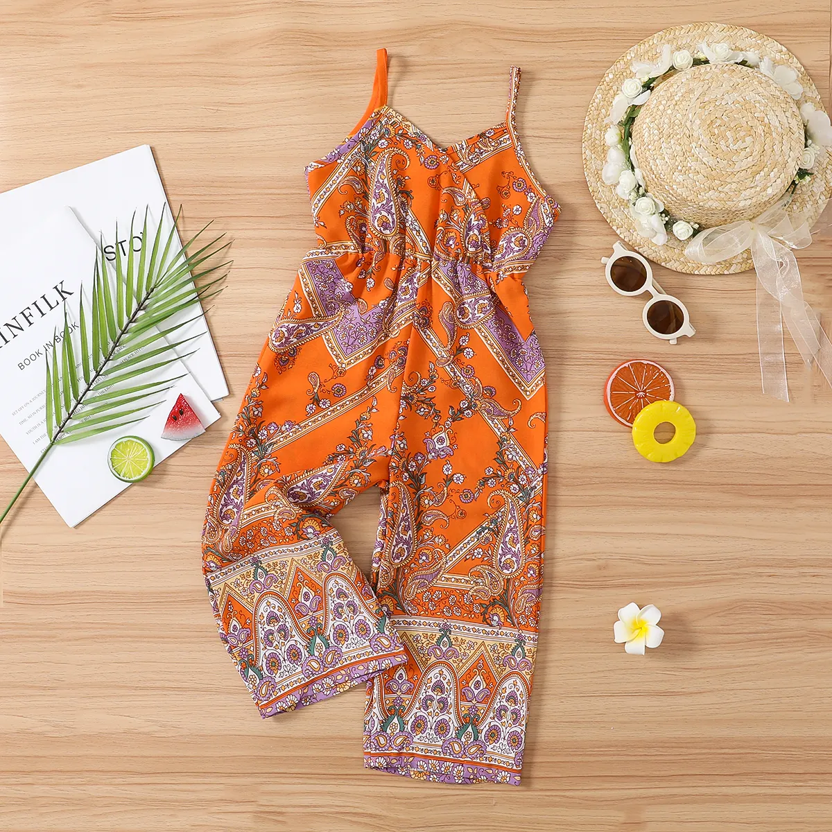 Toddler Girl Boho Exotic Graphic Cami Jumpsuit/ Sandals