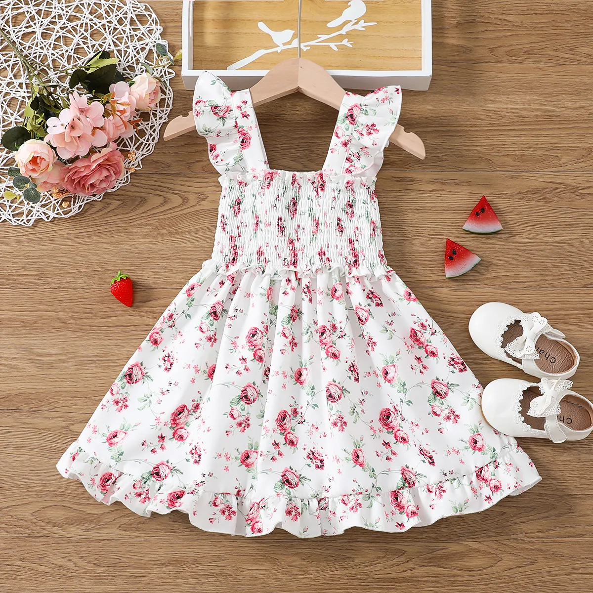 Toddler Girl Sweet Floral Print Smocked Sleeveless Dress