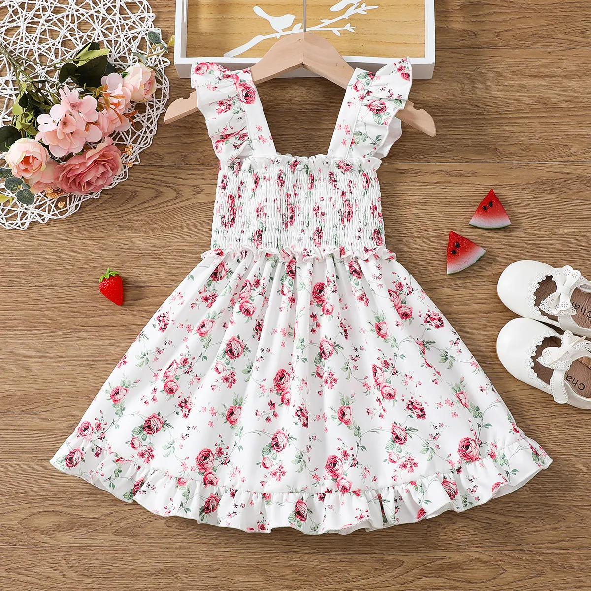 Toddler Girl Sweet Floral Print Smocked Sleeveless Dress White big image 1