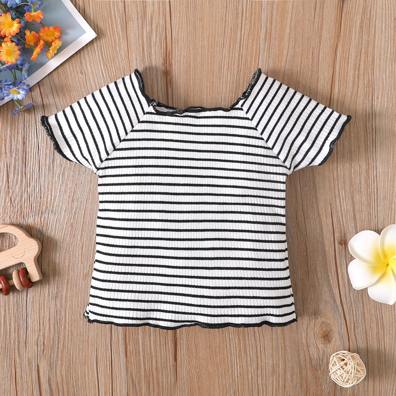 

Toddler Girl Trendy Stripe Off Shoulder Lettuce Trim Tee