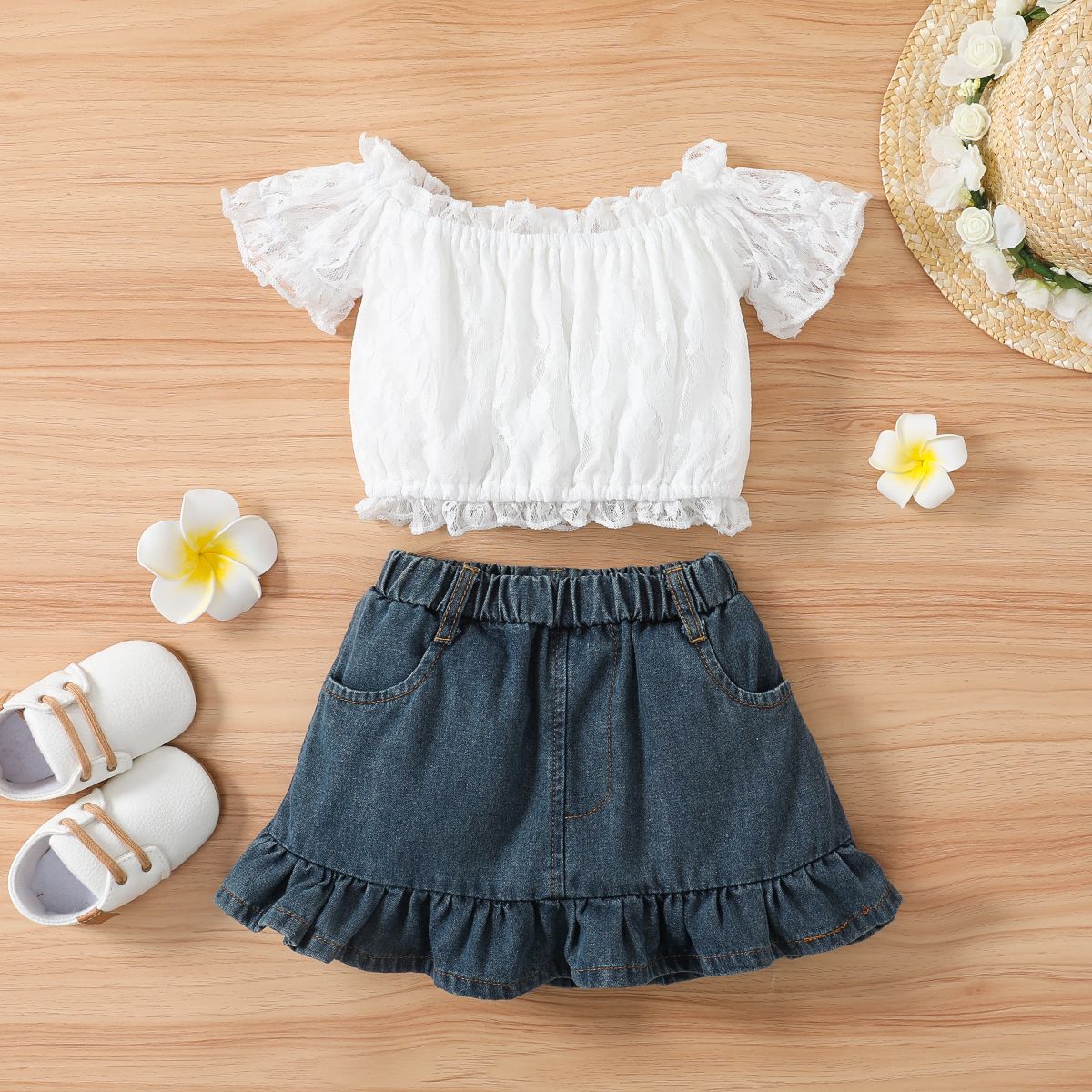 

2pcs Toddler Girl Sweet Ruffle Denim Skirt and Lace Off Shoulder Tee Set