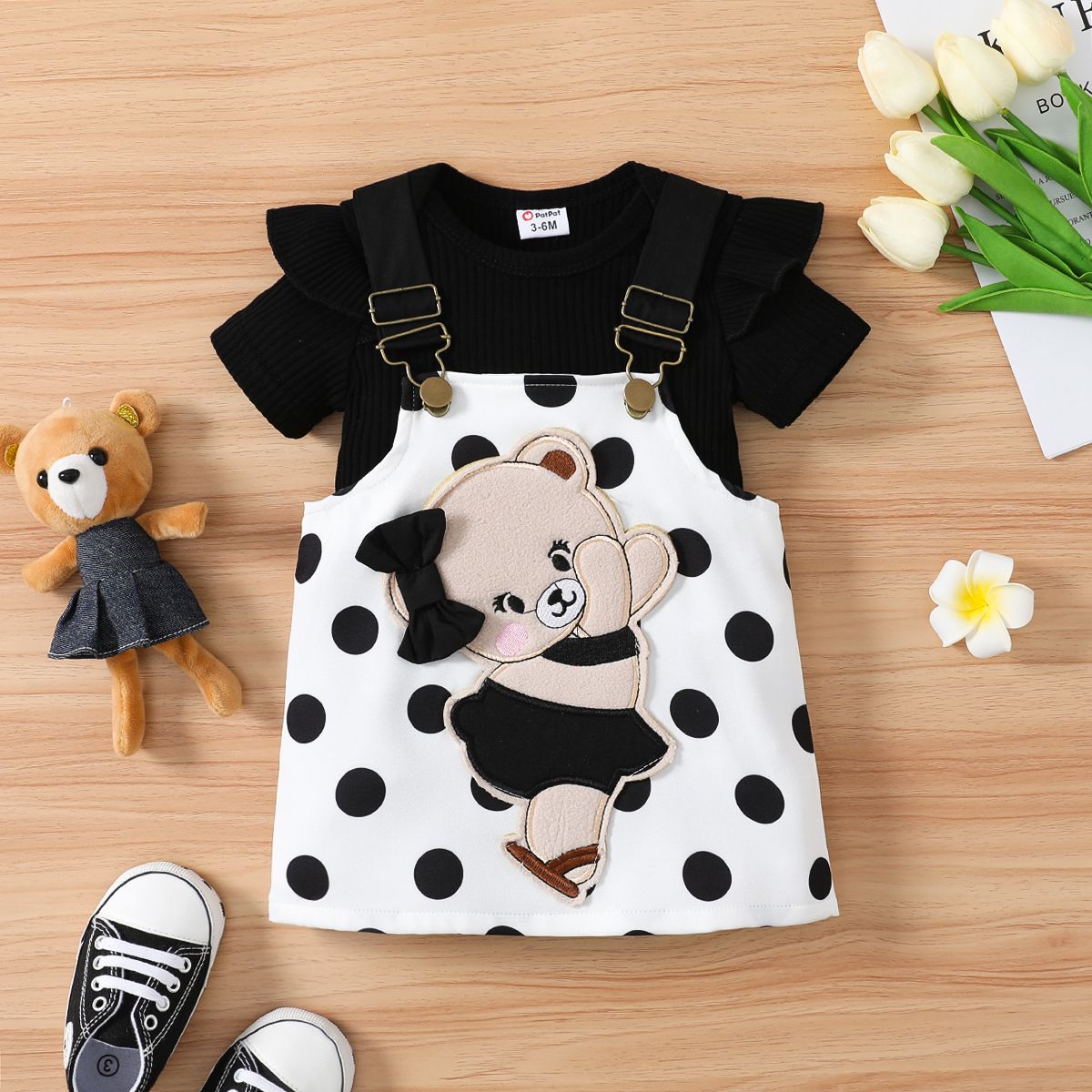 2pcs Baby Girl 95% Cotton Ruffle Trim Short-sleeve Romper and Bear Graphic Polka Dots Overall Dress 