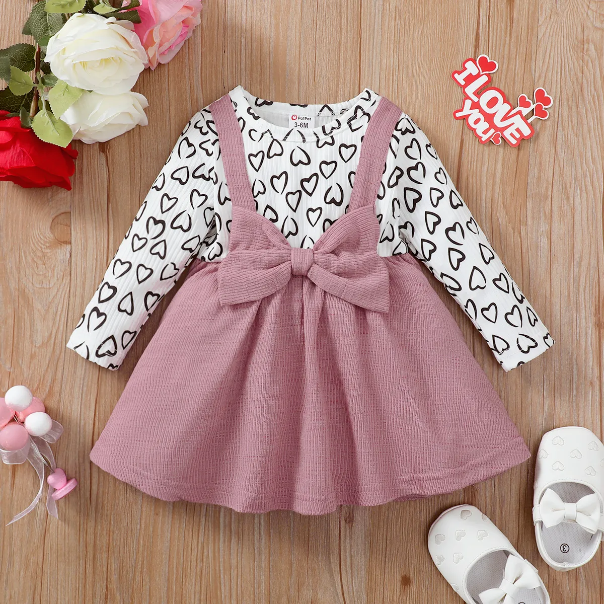 Baby Girl Allover Heart Print Bow Front Long-sleeve Spliced Dress Pink big image 1