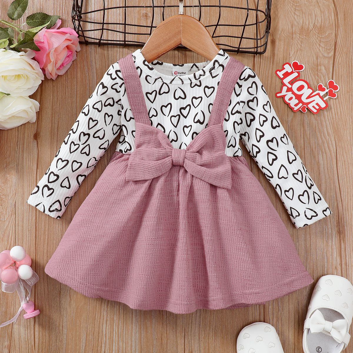 Valentine's Day Baby Girl Allover Heart Print Bow Front Long-sleeve Spliced Dress