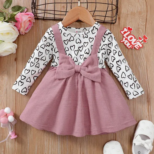 Baby Girl Allover Heart Print Bow Front Long-sleeve Spliced Dress