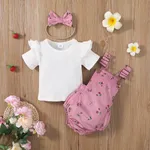 3pcs Baby Girl 95% Cotton Ribbed Ruffle Short-sleeve Top and Floral Print Romper & Headband Set Pink