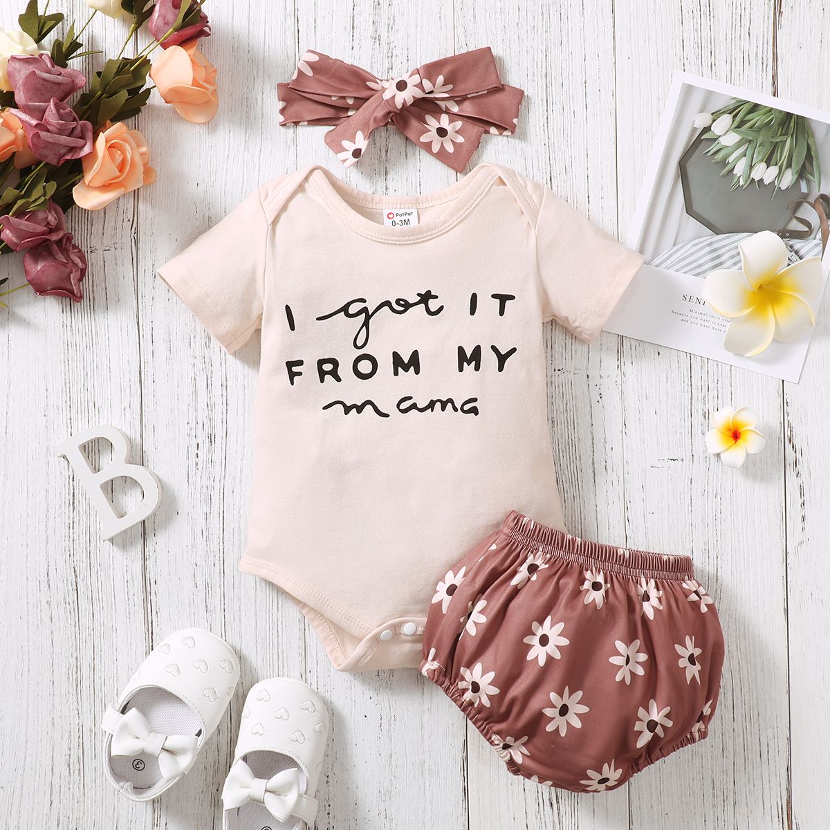 

3pcs Baby Girl 95% Cotton Letter Graphic Short-sleeve Romper and Romper Floral Print Shorts & Headband Set