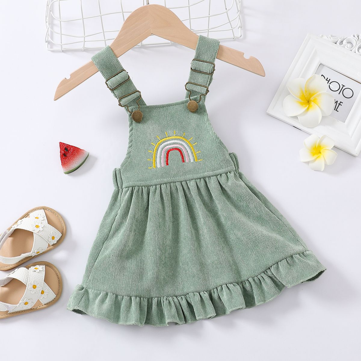 

Baby Girl Rainbow Embroidered Ruffle Hem Corduroy Overall Dress