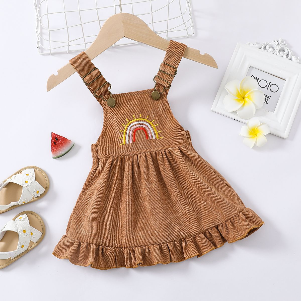 

Baby Girl Rainbow Embroidered Ruffle Hem Corduroy Overall Dress