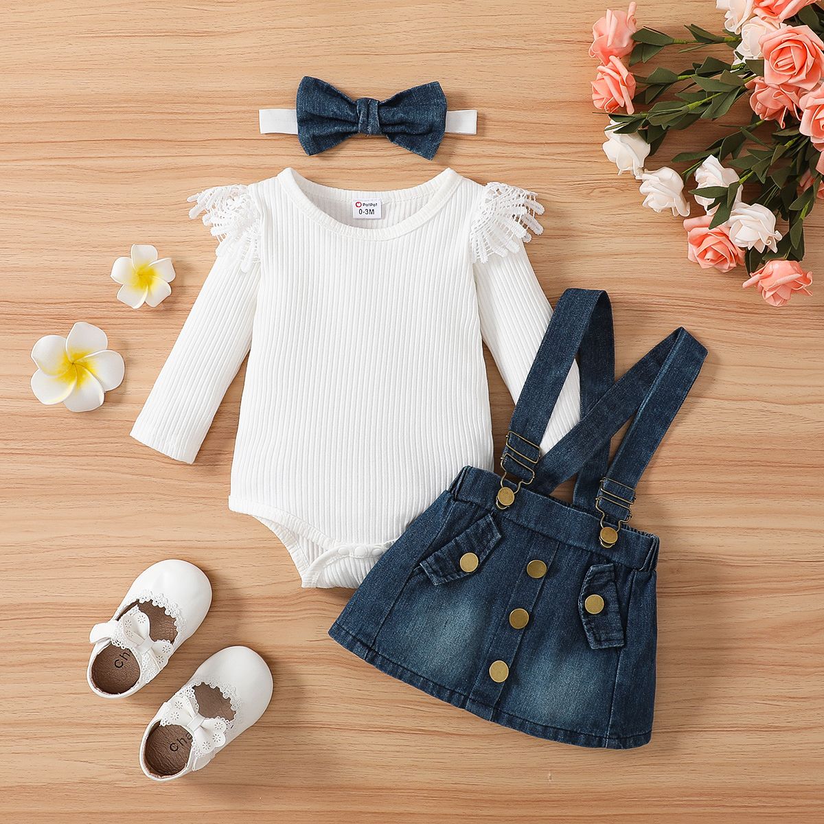 

3pcs Baby Girl 100% Cotton Denim Suspender Skirt and Solid Ribbed Long-sleeve Romper & Headband Set