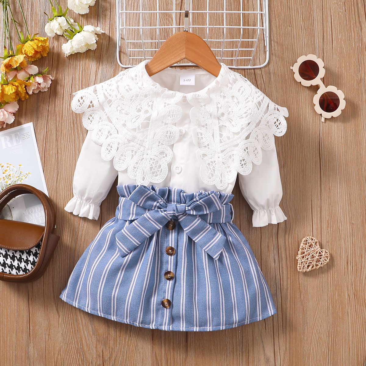 

3pcs Baby Girl 100% Cotton Lace Statement Collar Long-sleeve Shirt and Striped Skirt & Belt Set