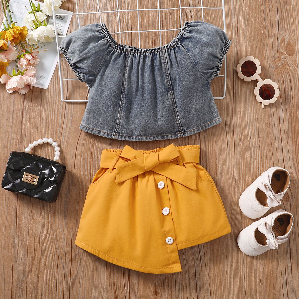 

3pcs Toddler Girl Trendy Denim Tee and Irregular Hem Skirt & Belt Set