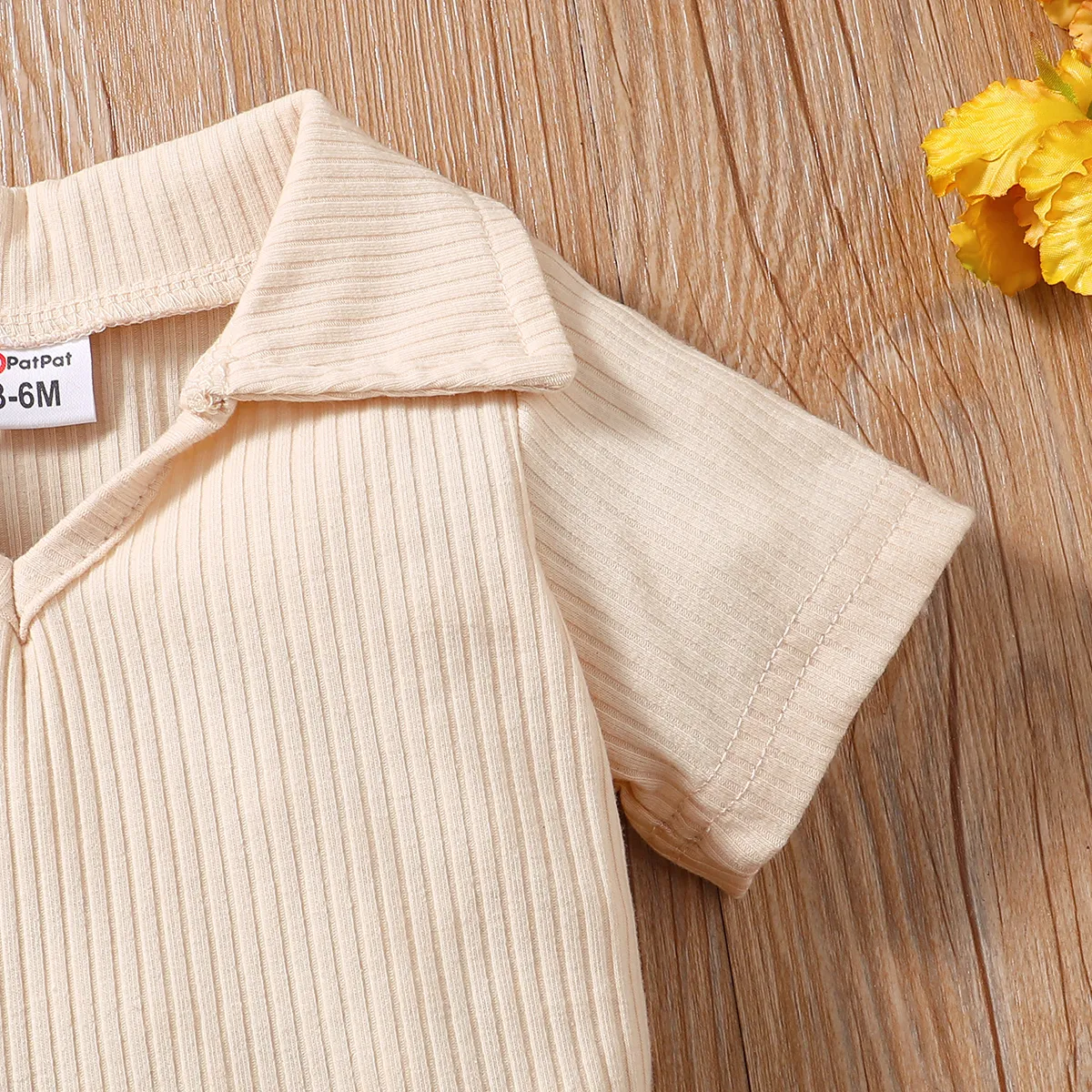 2pcs Baby Girl Solid Ribbed V Neck Short-sleeve Top and Plaid Skirt Set Apricot image 4