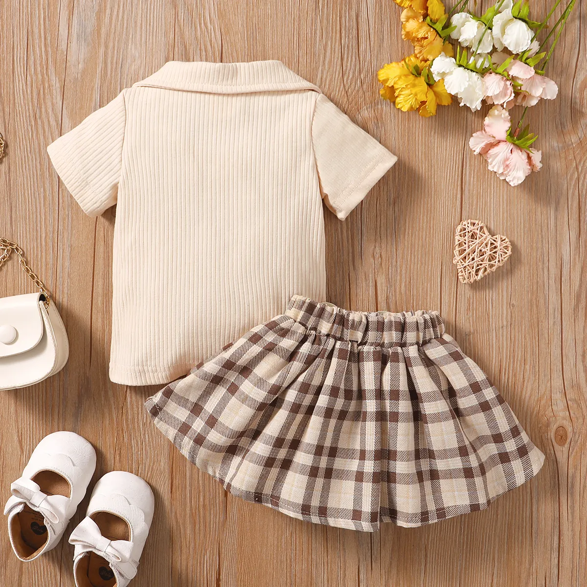 2pcs Baby Girl Solid Ribbed V Neck Short-sleeve Top and Plaid Skirt Set Apricot image 2