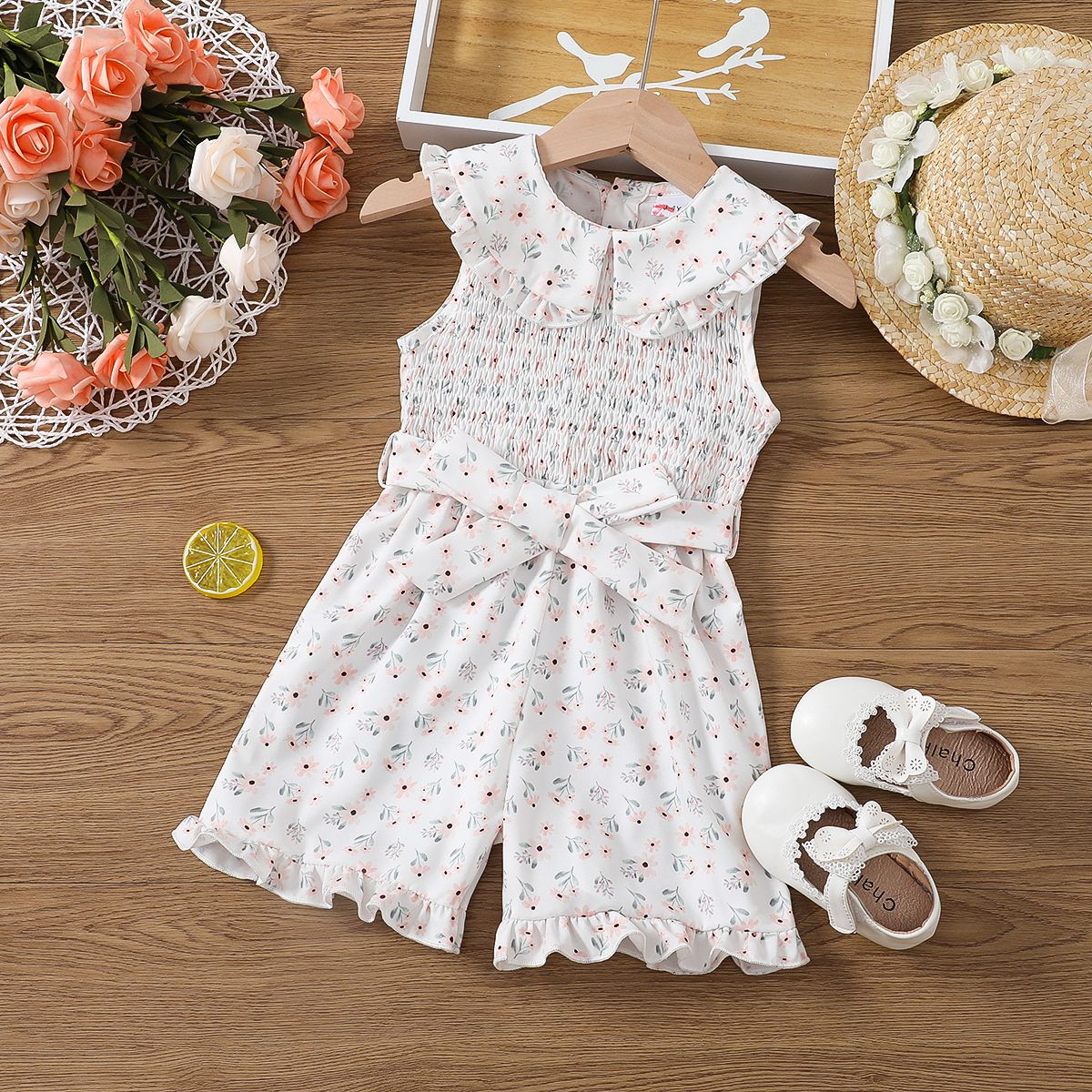 

Toddler Girl Sweet Floral Print Belted Smocked Romper