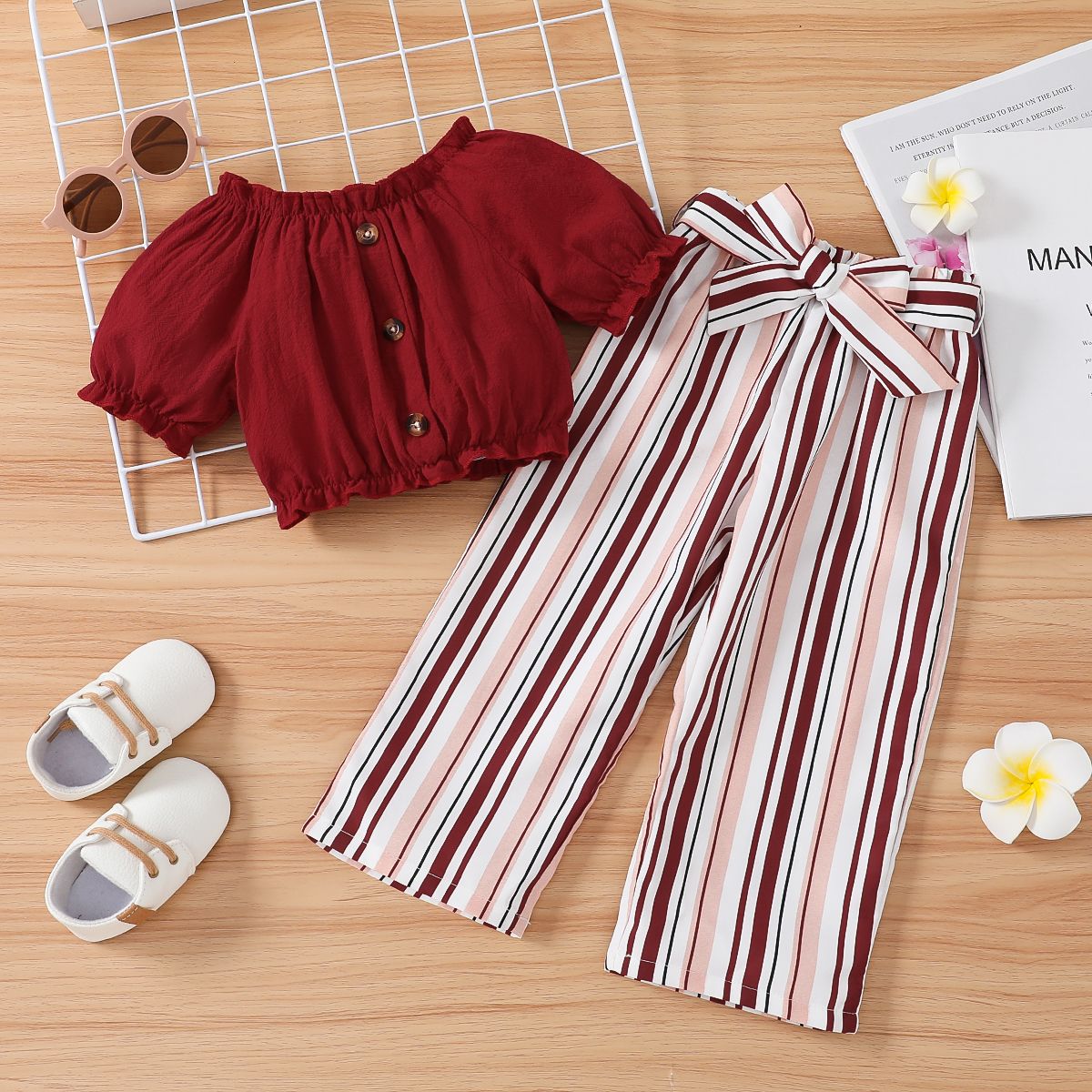 

2pcs Toddler Girl Trendy Ruffled Tee and Stripe Belted Pants Set