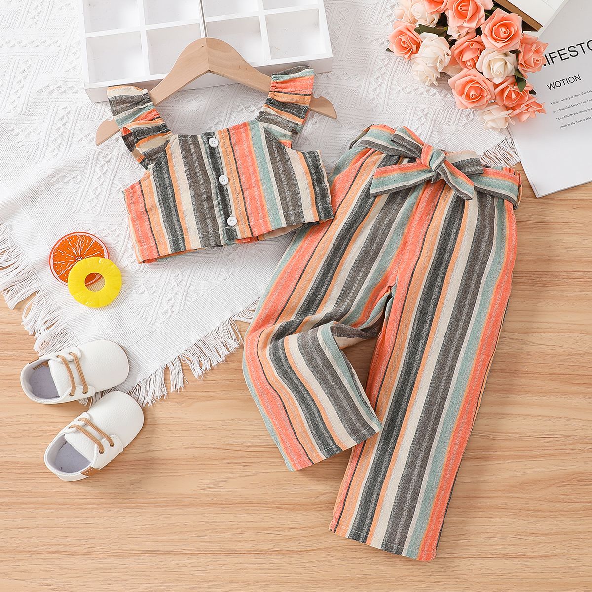 

2Pcs Toddler Girl Classic Stripe Crop Top & Belted Pants Set