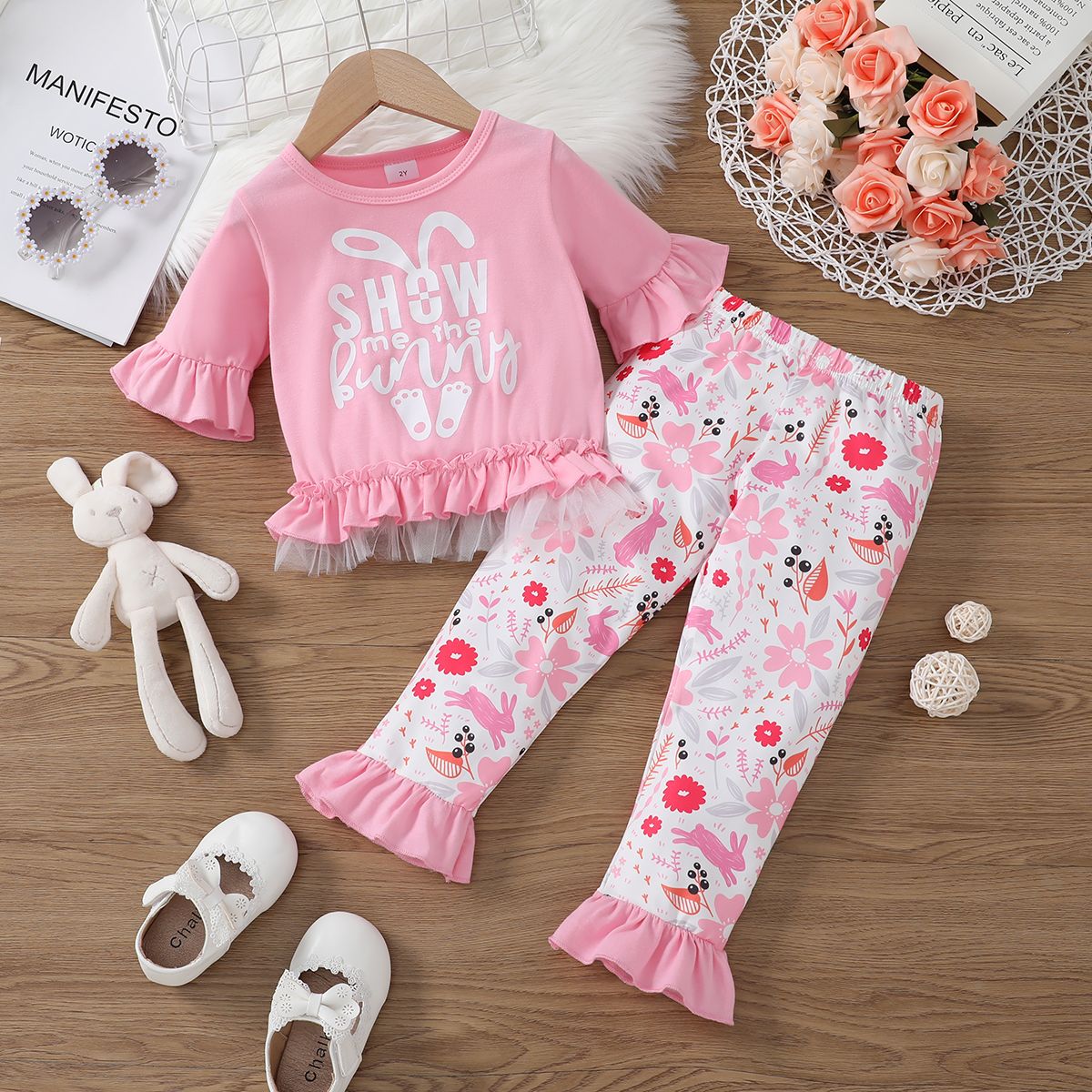 

Easter 2pcs Toddler Girl Playful Ruffled Bunny Print Tee and Pants Set