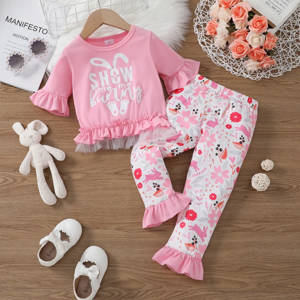Easter 2pcs Toddler Girl Playful Ruffled Bunny Print Tee and Pants Set big image 9
