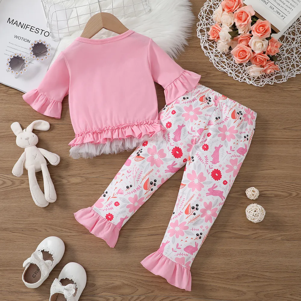 Easter 2pcs Toddler Girl Playful Ruffled Bunny Print Tee and Pants Set big image 2