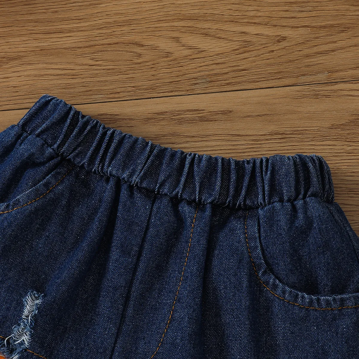 2pcs Toddler Girl Trendy Cotton Ruffled Camisole and Ripped Panel Denim Shorts Set Orange big image 1