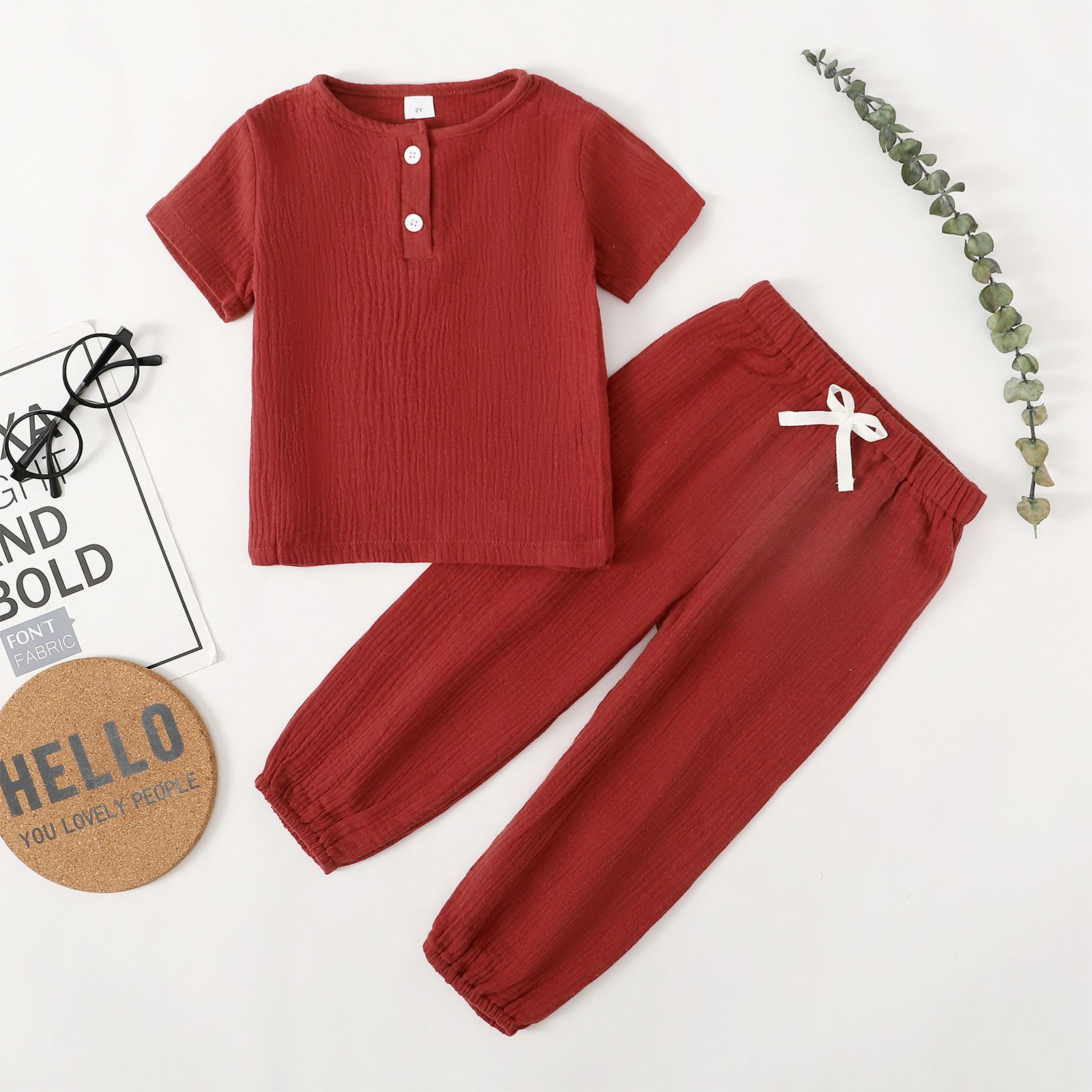 2pcs Toddler Girl/Boy 100% Cotton Basic Solid Henley Shirt and Pants Set