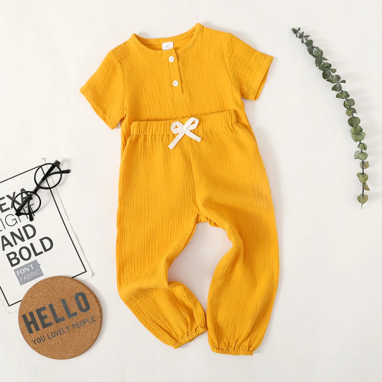 2pcs Toddler Girl/Boy 100% Cotton Basic Solid Henley Shirt and Pants Set Yellow big image 1
